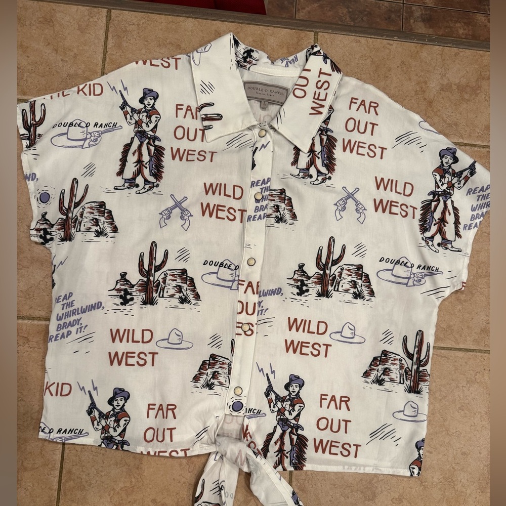 Double D Ranch Wild West Print Button-Down Shirt - White and Brown